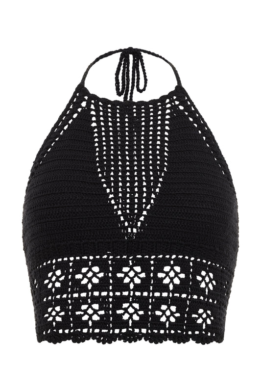 Papaya Tree Imports Festival High Neck Crochet Top Black